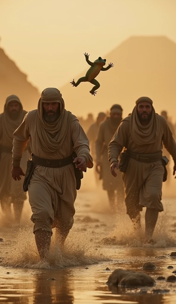People in Egypt fleeing in fear from an invasion of frogs. 4K quality
