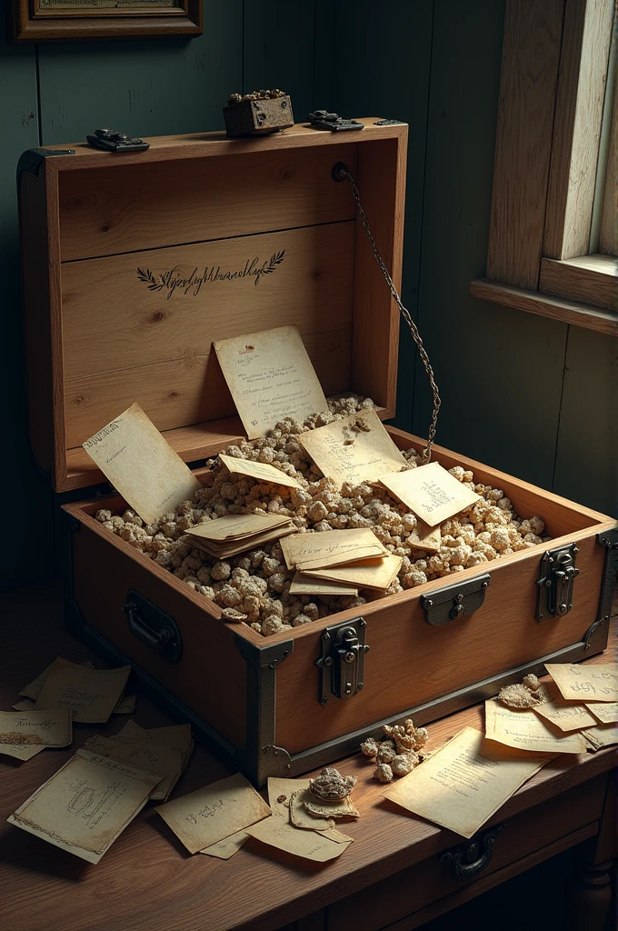 Open wooden box containing memories such as letters, objects and other things in disarray