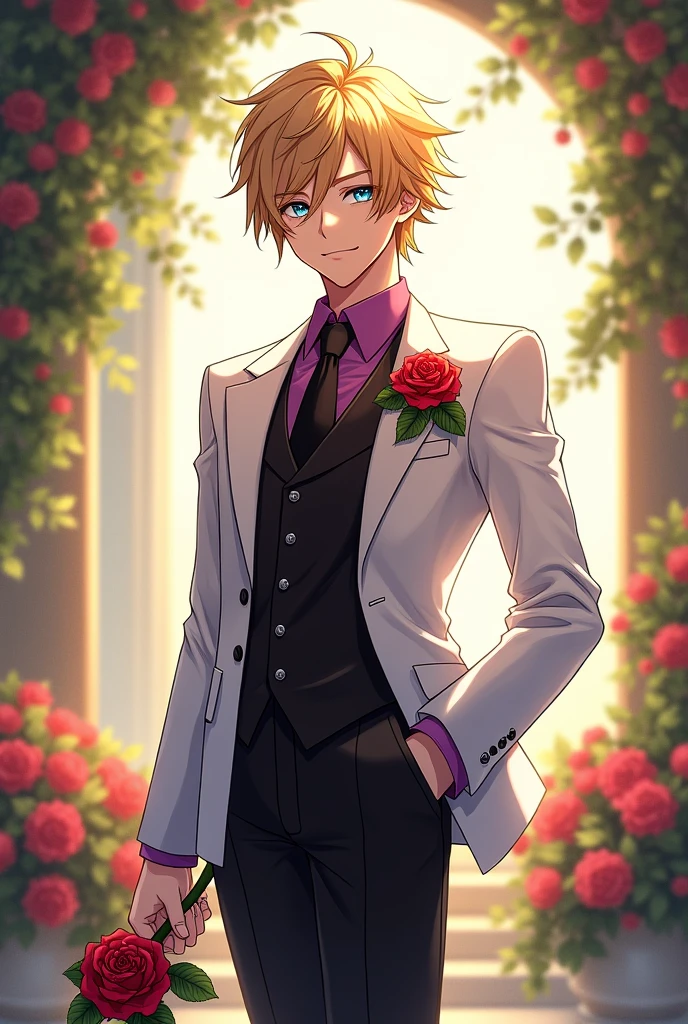 Anime art style, exquisite masterpiece featuring League of Legends' debonair Ezreal, luxuriously tailored white suit gleaming with sharp edges, complemented by a striking red rose delicately held in his hand, chic black tie creating a sleek contrast, standing confidently in a warm scene infused with Genshin Impact elements, sporting tailored black pants that complete the dashing look, playful smirk gracing his lips, a hint of mischief, soft purple shirt peeking subtly underneath the blazer, striking blonde hair cascading elegantly, bright blue eyes sparkling with charm, adorned in a fitted black vest adding depth to the outfit, depicted against a dynamic backdrop filled with lush greenery and vibrant florals reminiscent of an enchanting world, soft golden lighting enveloping the scene, creating an atmosphere that radiates warmth and allure, exuding charisma and inviting gaze towards the viewer, stylish composition accentuating his poised stance, showcasing intricate details in fabric textures and colors, immersing viewers in a magical blend of adventure and elegance, anime style emphasizing vivid colors, smooth lines, and expressive features, harmonizing both character and environment to create a captivating visual experience