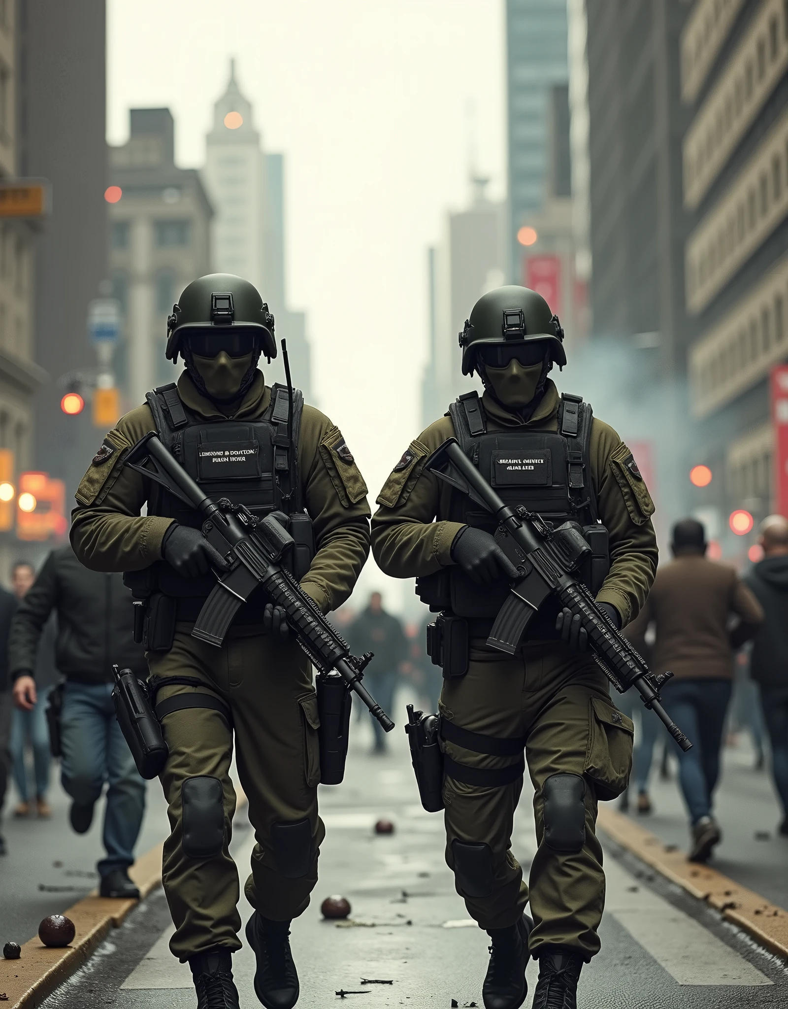 Make an image for two National Guard soldiers in a street in New York with crowds panicking, using assault rifles