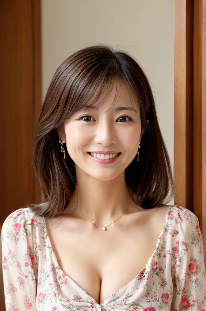 ((Highest quality)), ((masterpiece)), (detailed),Perfect Face,Japanese,Mature Woman,Upper Body,F Cup,Cleavage,blouse,smile