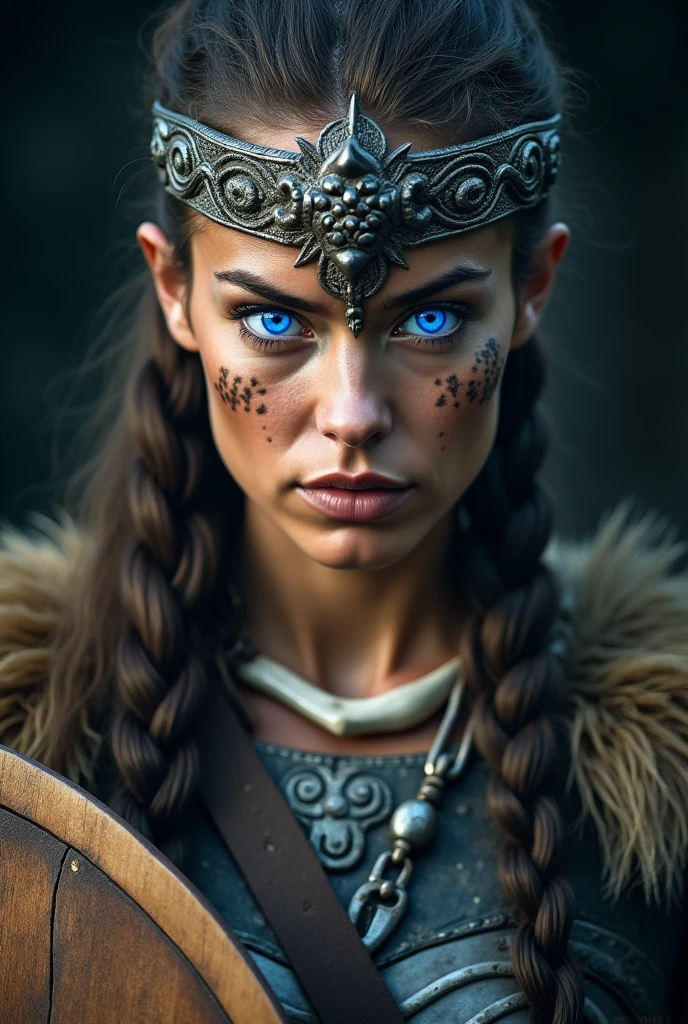 Close up of nordic female warrior with axe in hand, Woman, blue eye, axe next to the face, large crown on head , necklace beautiful stones on the neck, tattooed face, Angry