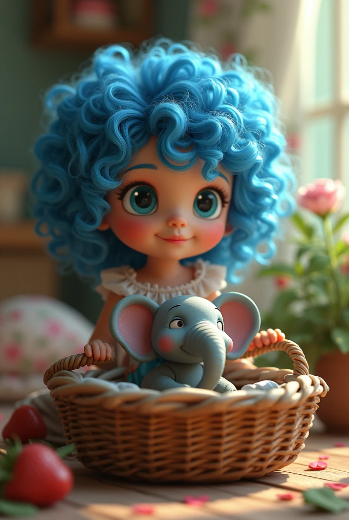 Curly blue haired girl
with blue eyes،
There is an old basket next to it with a small elephant inside،
Style 3D