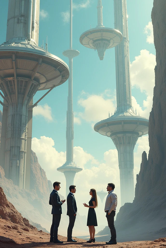 Metal buildings and floating ships in the sky and 4 people talking.