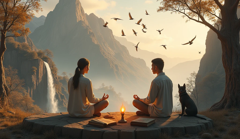 generate 2 people meditating on an ancient mountain next to a table with books and an old candle with a dog and in front there is a waterfall and brown birds flying with dry trees on one side and mature trees on the other with the strong and beautiful sun