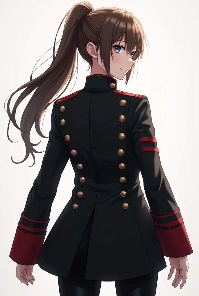 White animegirl in a black military overcoat with a red line on each arm , black pants, with brown hair in a ponytail