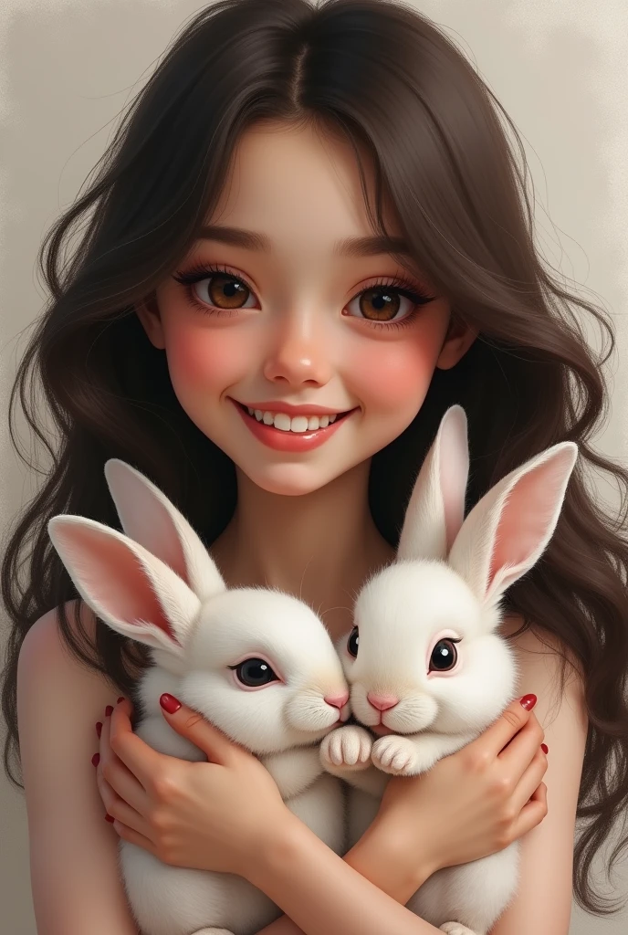 Draw me my daughter Océane who is , very dark brown long hair slightly wavy,  beautiful cheekbones a wide, honest smile so big and beautiful that his eyes crinkle, cuddling little bunnies