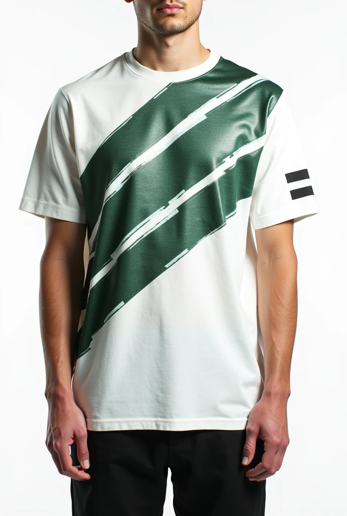 White T-shirt with dark green stripes in the form of wounds across the entire diagonal and black stripes on the sides, on a white background