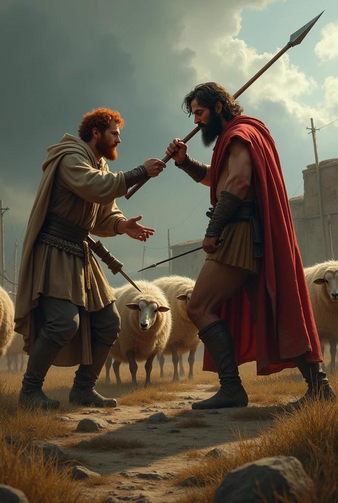 King David, 2 young man, ATTACKED BY KING SAUL, with a spear, DAVID MANAGES TO DODGE, of biblical times, red hair, SHEEP SHEPHERD'S CLOTHING. 8K realistic picture.