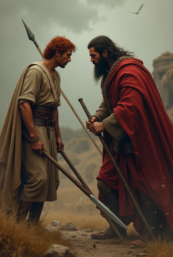 King David, 2 young man, ATTACKED BY KING SAUL, with a spear, DAVID MANAGES TO DODGE, of biblical times, red hair, SHEEP SHEPHERD&#39;S CLOTHING. 8K realistic picture.
