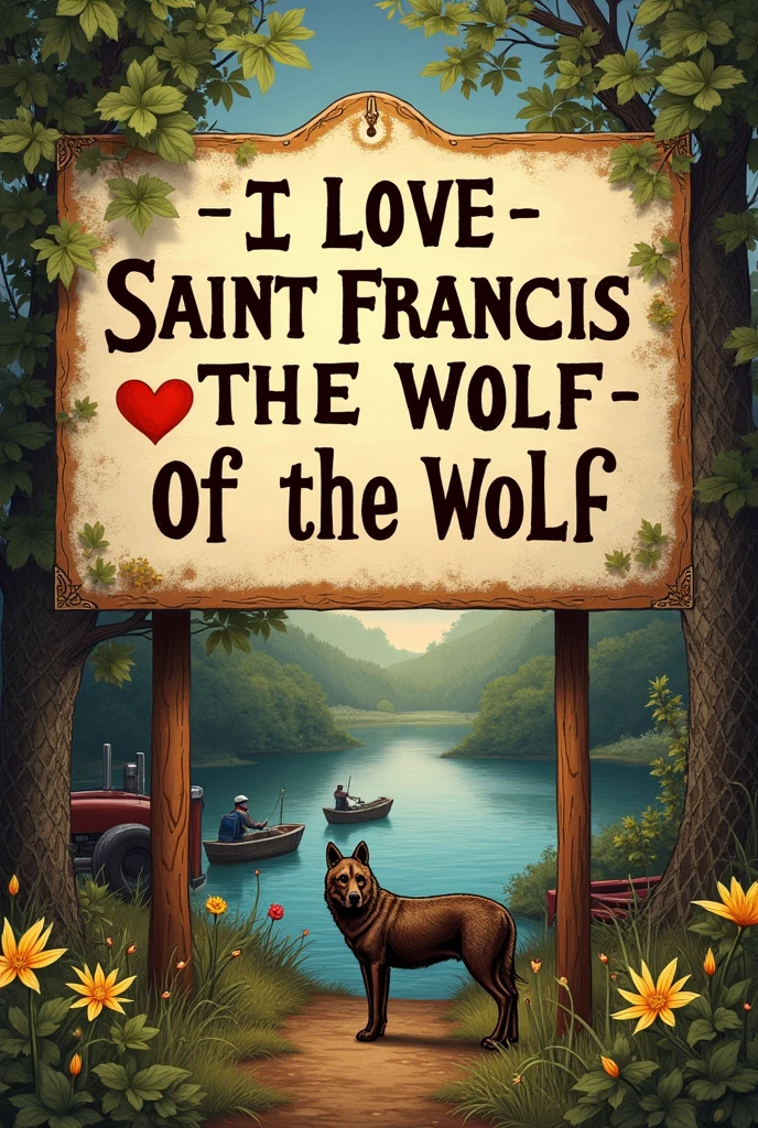 A sign that says I love Saint Francis of the Wolf.
With a background alluding to the culture of fishing and agriculture 🚜