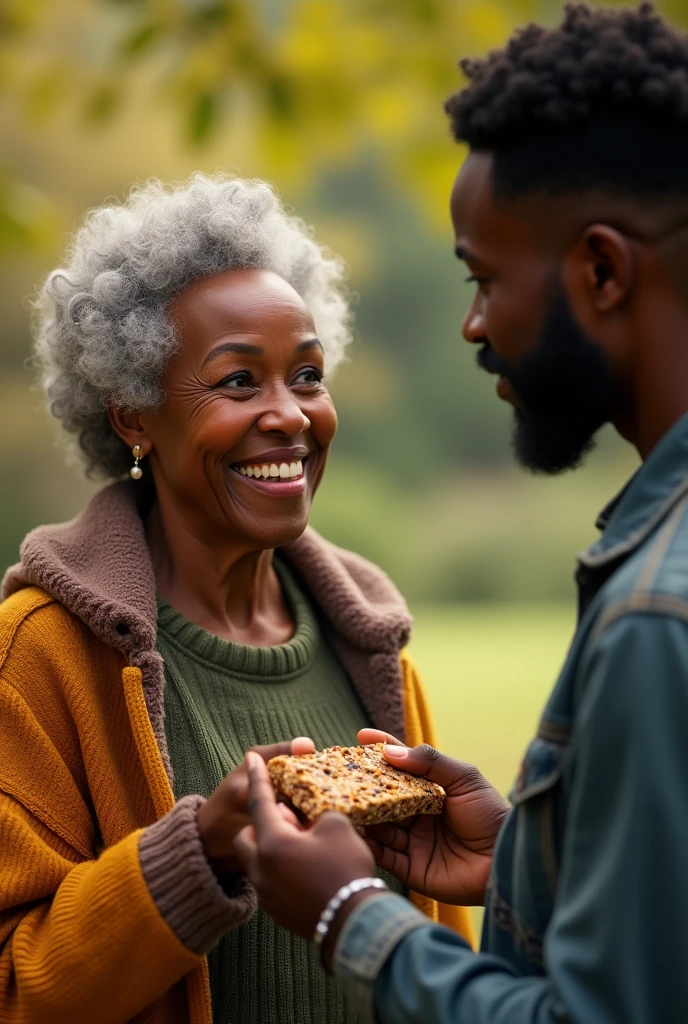 a black man and a black woman, the woman handing a granola bar to the black man, the woman is older than him she is 55 and he is 20, detailed facial features, beautiful detailed eyes, beautiful detailed lips, extremely detailed eyes and face, long eyelashes, photorealistic, 8k, ultra-detailed, realistic, physically-based rendering, professional, vivid colors, studio lighting, high quality, dramatic lighting, cinematic, warm color tones, natural lighting, detailed clothing, environmental details, outdoor setting, natural environment, detailed background his face appered