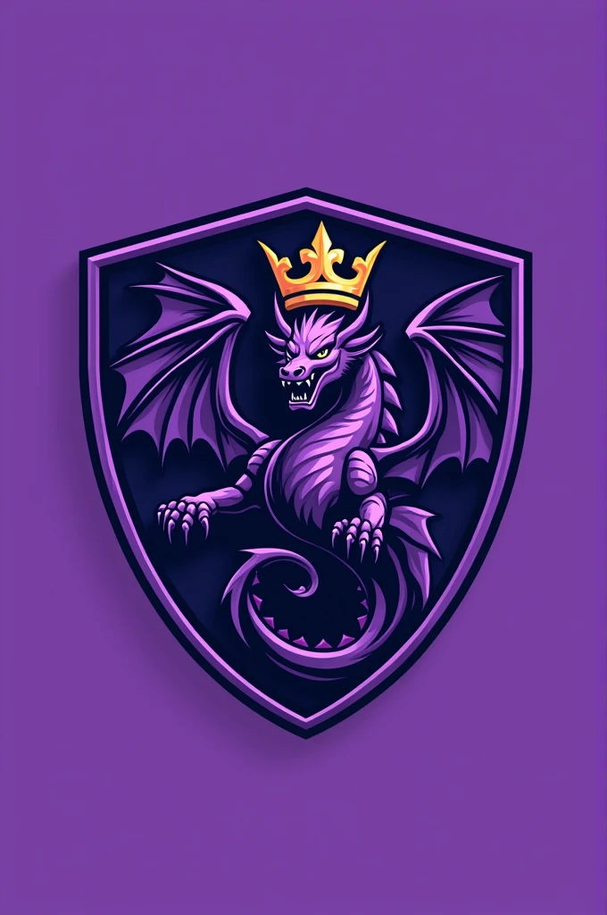 Create a football shield logo with a dragon with wings and a crown in purple color