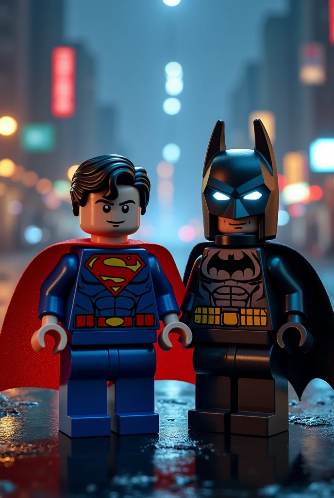 Superman and Batman in lego art, night