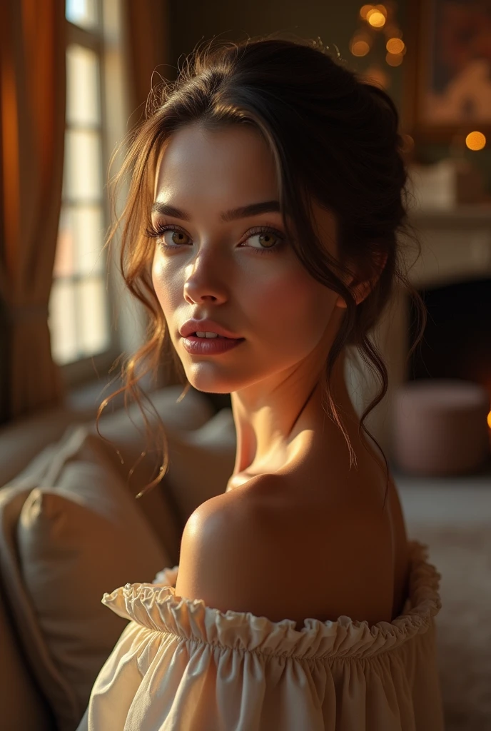 a woman, close-up, elegant, autumn, living room, french window, fireplace, sofa, light, warmth, curtains, afterglow, lens halo,