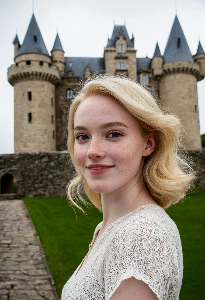 woman, American, Age 25, Pale skin and freckles, gray eyes, delicate nose, Soft and tender lips, far away, cabelo blondie far away e ondulado na altura da cintura, sweet smile, Face with delicate feminine features, whole body to see, standing, in front of a castle, highly rendered