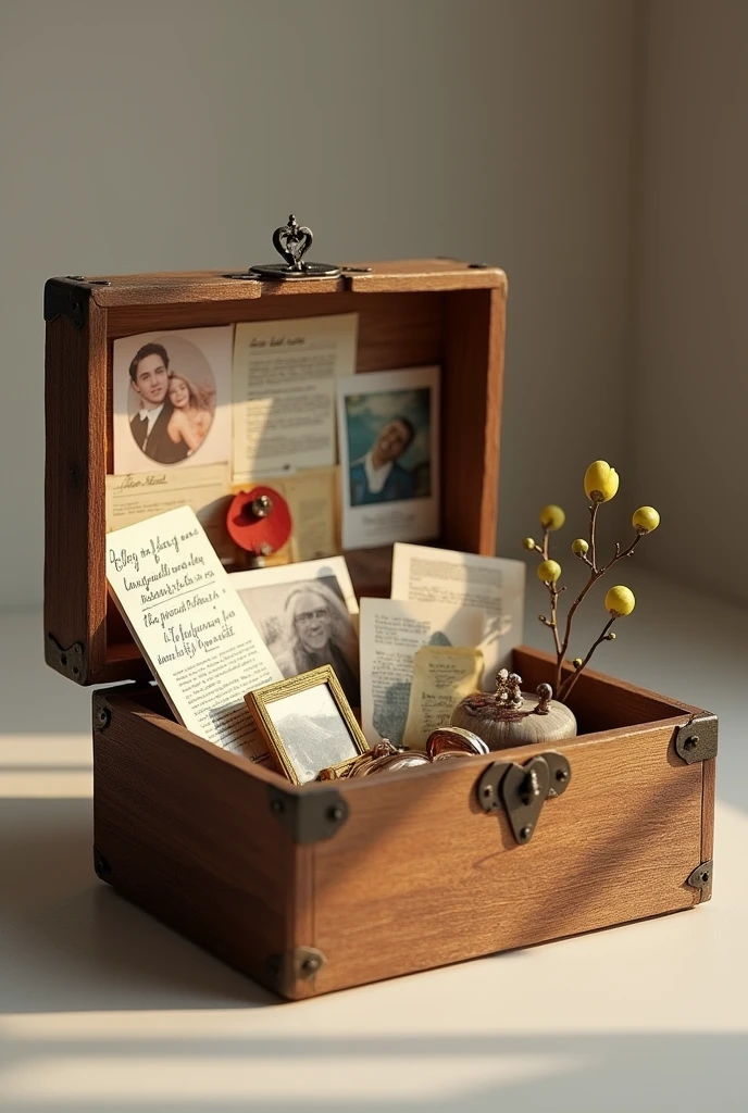 Open wooden box containing keepsakes such as letters and other small items 