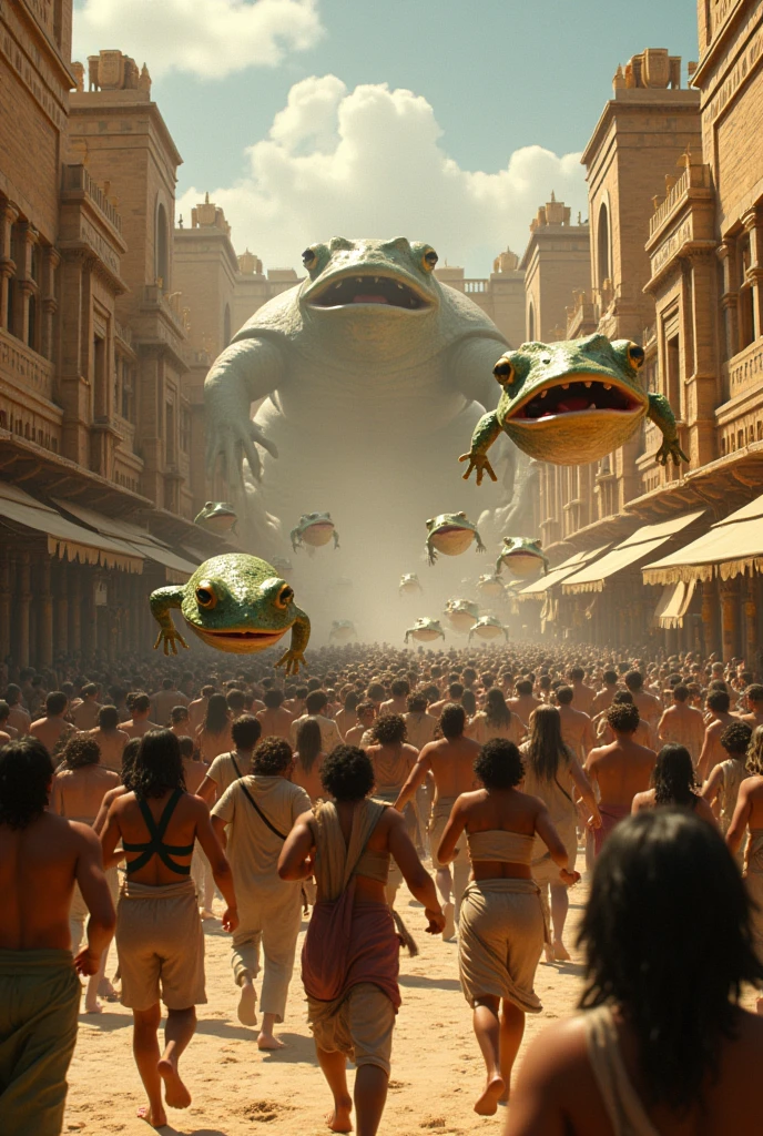 People in Egypt fleeing in fear from an invasion of frogs. 4K quality