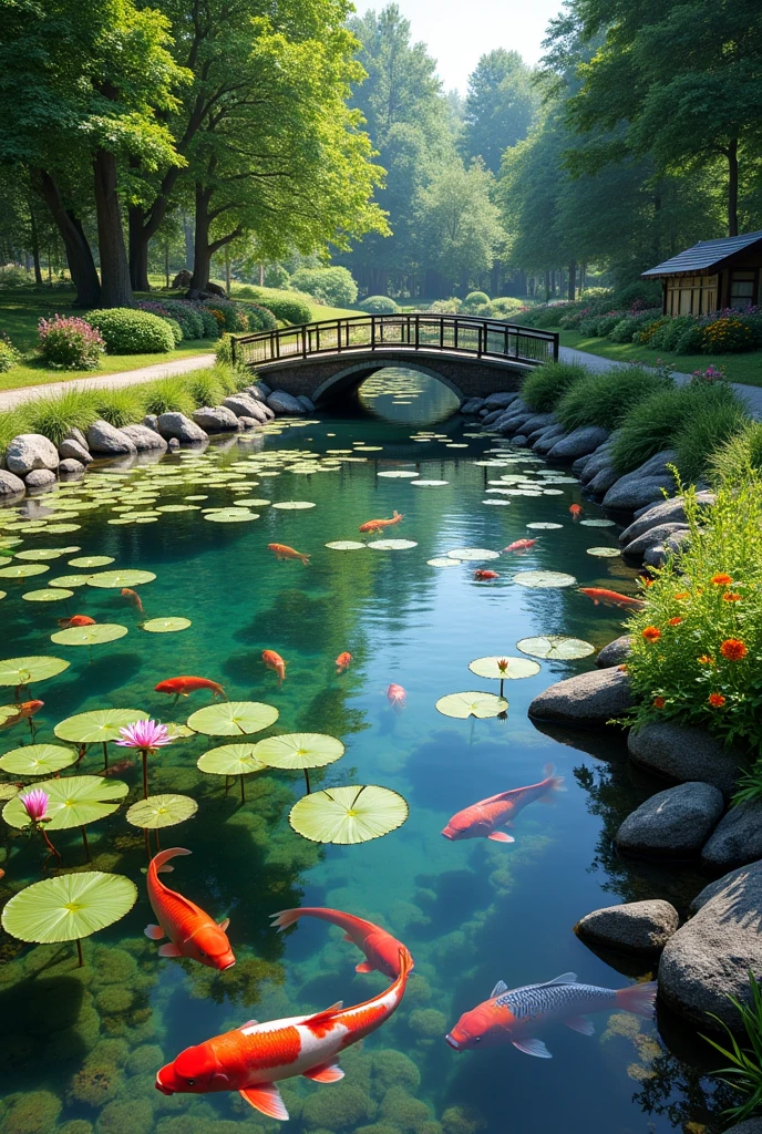 The shore of a clear pond with water lilies, colorful red, blue, and white carp, a small stream flowing into the pond, a small bridge over it, summer sunlight, bright summer flowers, a walkway around the pond, top quality images