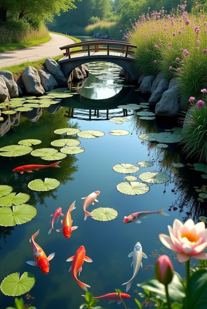 The shore of a clear pond with water lilies, colorful red, blue, and white carp, a small stream flowing into the pond, a small bridge over it, summer sunlight, bright summer flowers, a walkway around the pond, top quality images