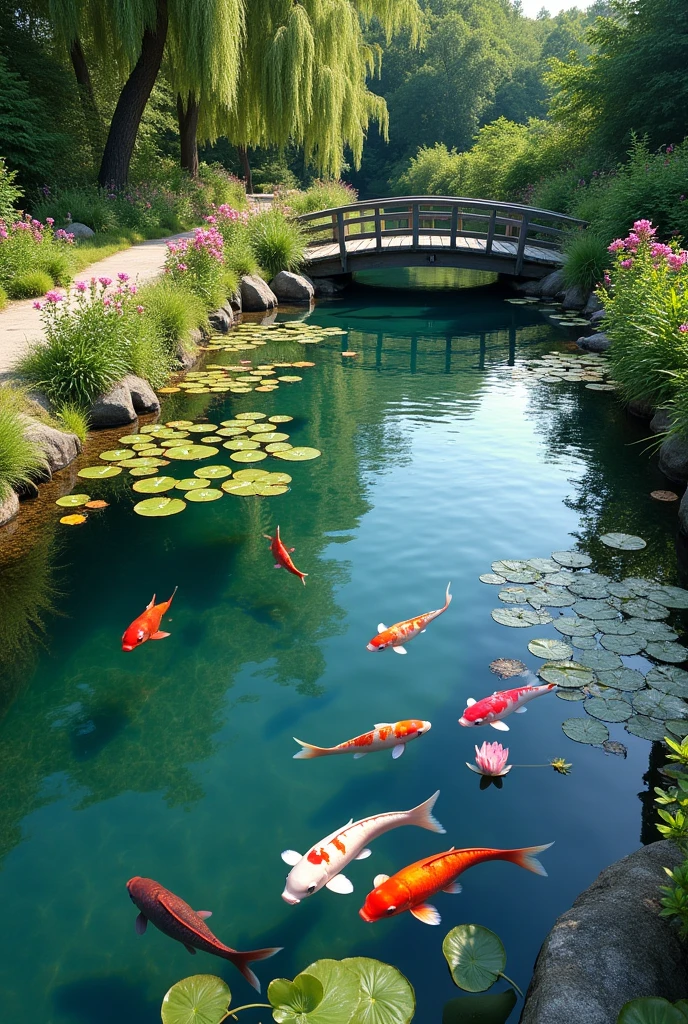The shore of a clear pond with water lilies, colorful red, blue, and white carp, a small stream flowing into the pond, a small bridge over it, summer sunlight, bright summer flowers, a walkway around the pond, top quality images