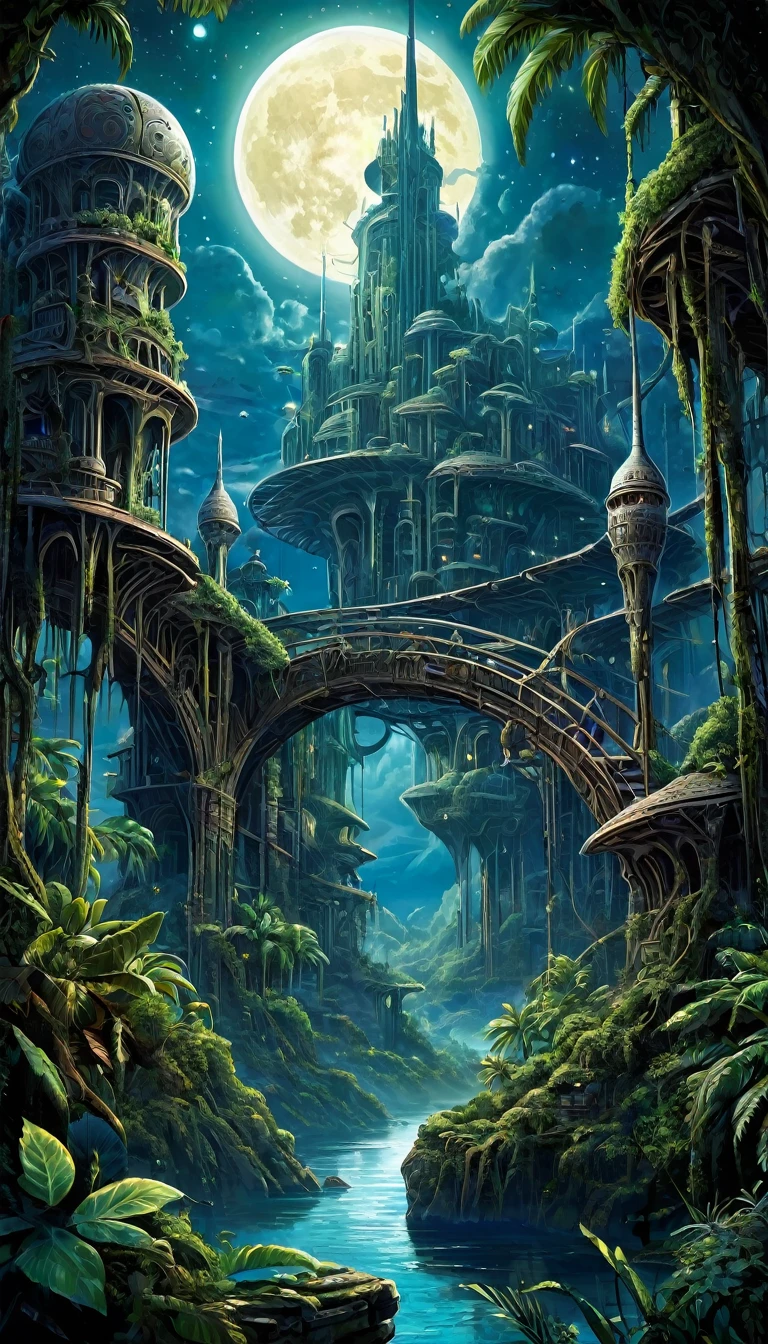 Enter the mysterious nighttime expanse of a deserted city, where moonlight cascades down on the skeletal remains of wooden structures, intertwined with the sturdy tendrils of jungle vegetation. Arriba, The cosmic tapestry is interrupted by the great spaceship. A surreal alliance of desolation and extraterrestrial presence unfolds beneath the twin moons, creating an enigmatic atmosphere over the abandoned cityscape --auto --s2