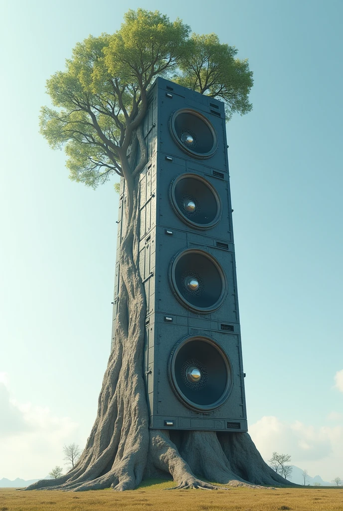 “Imagine a tree with a thick, sturdy trunk that is entirely a large speaker, rising high into a giant sound-emitting top, entirely free of any branches or leaves, emphasizing the singular focus on sound