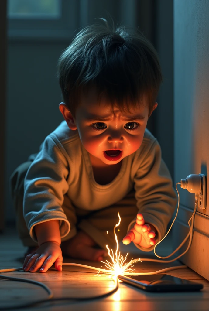 Child suffering electric shock from extension cord when unplugging his cell phone