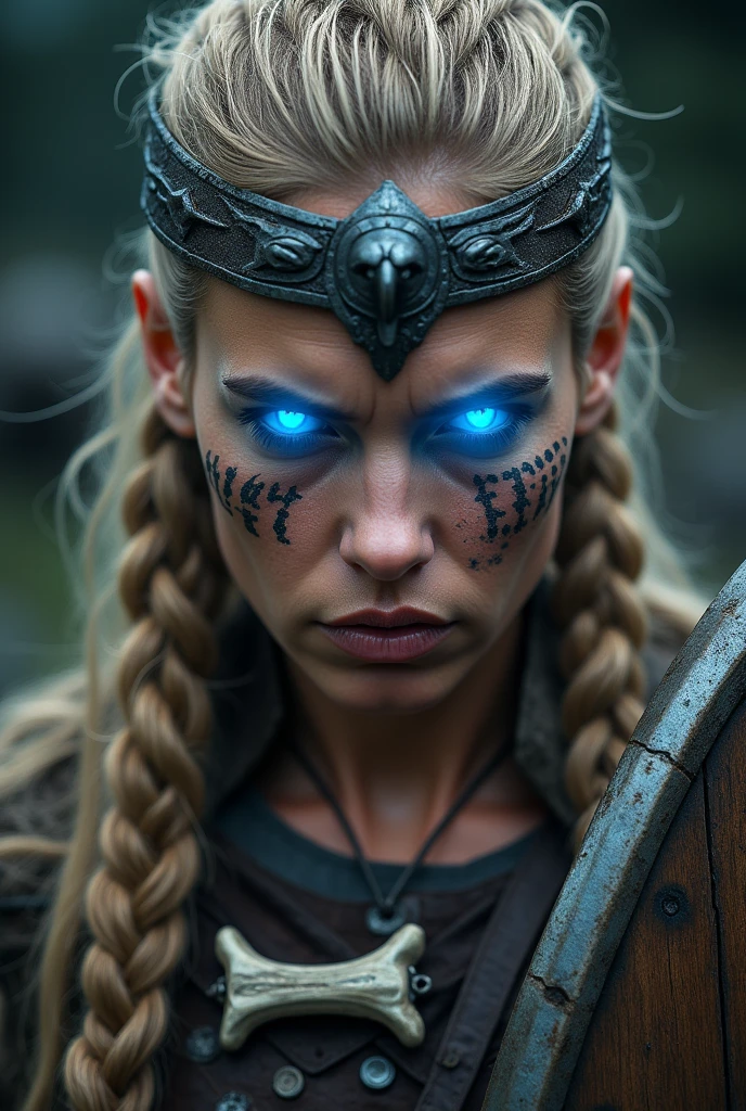 Close up face beautiful viking woman, wooden shield in hand , strong blue light in the eyes, medium eagle crown , viking face paintings, Angry, bone necklace around the neck, battle armor, focused, braids in hair, blonde, 40 years old