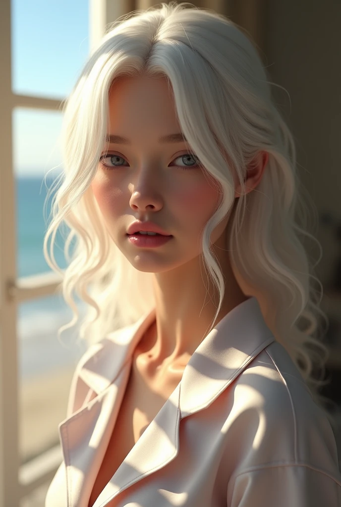 (8k, foto RAW, best qualityer, Masterpiece artwork: 1,2), (realisitic, fotorrealisitic: 1,37), ultradetailed, fully body, 1 girl, 独奏, beautiful detailed sky, detailed bedroom, natta, beautiful detailed eyes, beautiful detailed lips, professional lighting, photon mapping, radiosity, physics-based rendering, extremely detailed eye and face, beautiful detailed eyes, light on the face, cinematic lighting, pyjamas, 1 girl, foto de fully body, gazing at viewer, plein-air, ((White hair)),