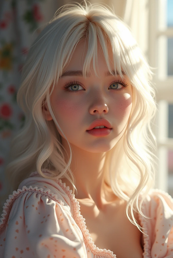 (8k, foto RAW, best qualityer, Masterpiece artwork: 1,2), (realisitic, fotorrealisitic: 1,37), ultradetailed, fully body, 1 girl, 独奏, beautiful detailed sky, detailed bedroom, natta, beautiful detailed eyes, beautiful detailed lips, professional lighting, photon mapping, radiosity, physics-based rendering, extremely detailed eye and face, beautiful detailed eyes, light on the face, cinematic lighting, pyjamas, 1 girl, foto de fully body, gazing at viewer, plein-air, ((White hair)),