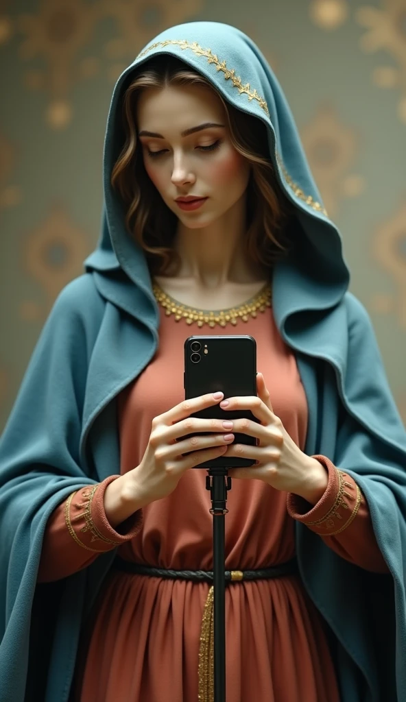 Raw photo, Very beautiful virgin mary, Ancient women, Reddish beige tunic with blue cloak and veil, Hello, Taking a selfie with a smartphone using a selfie stick, A faint smile