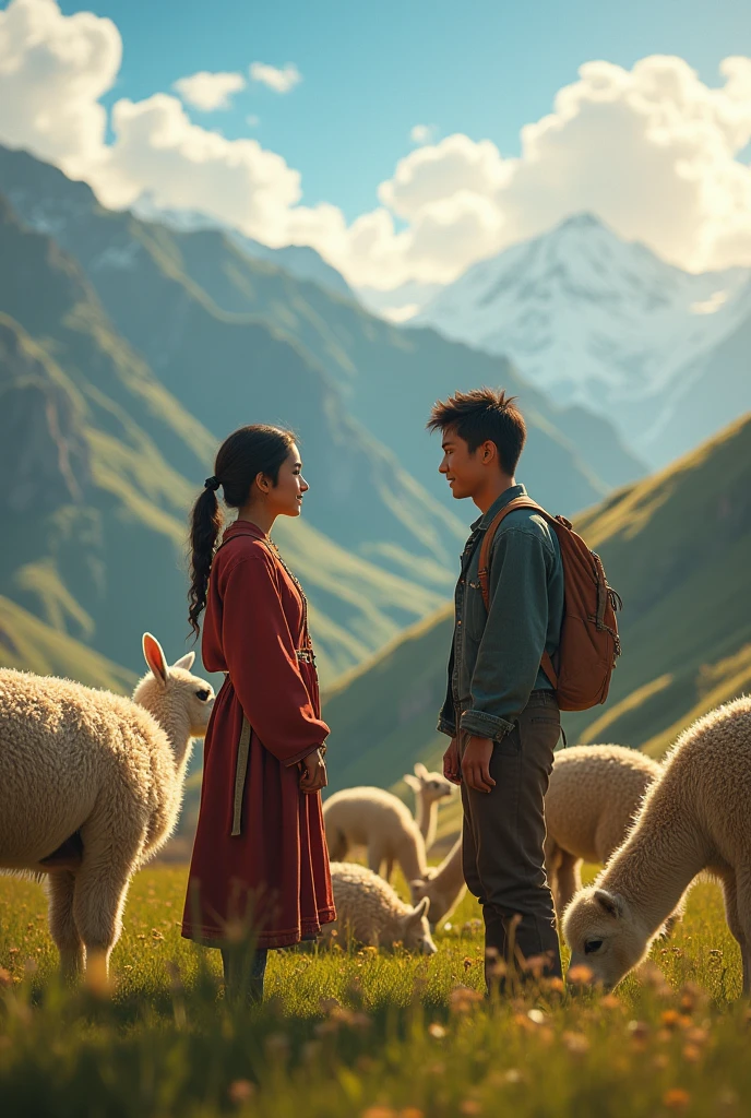 A 20-year-old young woman from the Peruvian Andes grazing many alpacas meeting a young man also from the Peruvian Andes, 1 , poor peasant grazing other people's animals . They both fall in love. horizontal image