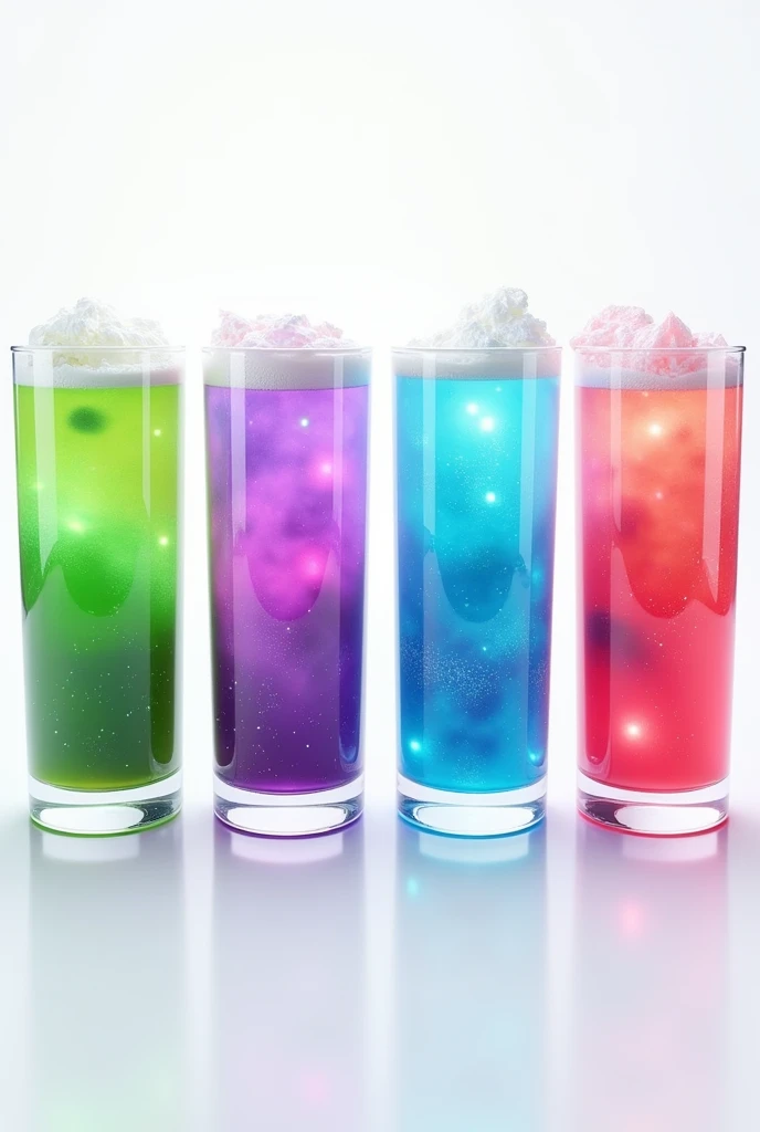 Create 4 drinks, a green one, another purple,another blue and another pink with frost on the drink simulating the galaxy, arranged side by side for advertising bright colors, realist, White background