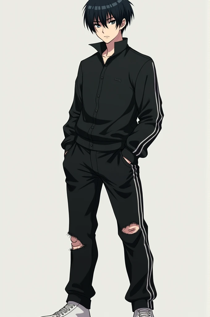An anime with black hair and a serious face, a black shirt with black stripes on the wrists, pants torn on one side and torn on the other with white stripes and white tennis shoes with pale white skin, male 