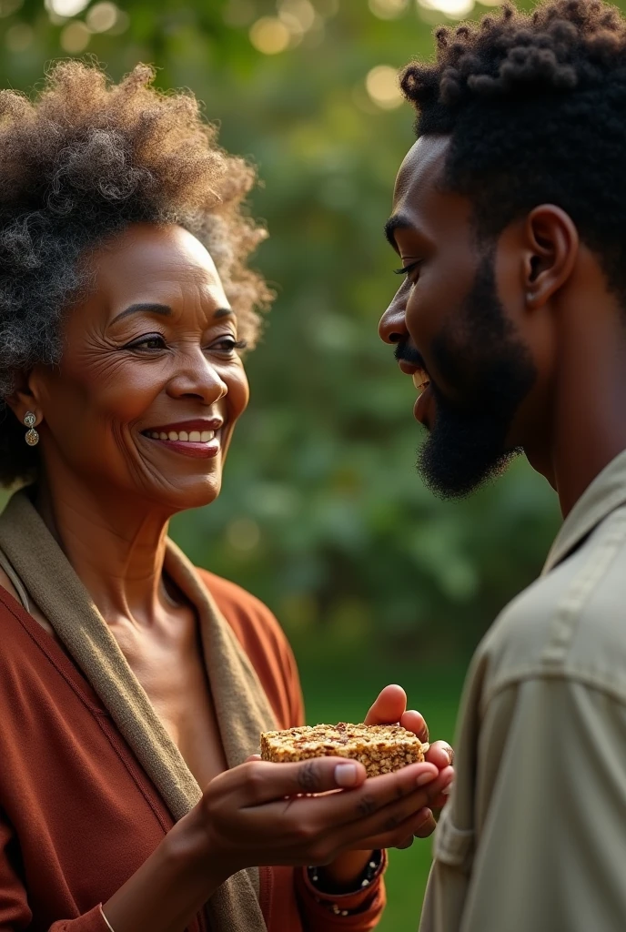 a black man and a black woman, the woman handing a granola bar to the black man, the woman is older than him she is 40 and he is 20, detailed facial features, beautiful detailed eyes, beautiful detailed lips, extremely detailed eyes and face, long eyelashes, photorealistic, 8k, ultra-detailed, realistic, physically-based rendering, professional, vivid colors, studio lighting, high quality, dramatic lighting, cinematic, warm color tones, natural lighting, detailed clothing, environmental details, outdoor setting, natural environment, detailed background his face appered
