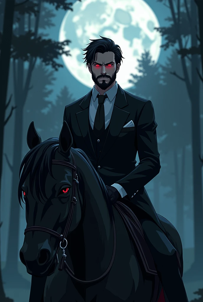 Anime Young man with a beard. BLACK beautiful HAIR crimson eyes his sharply all black tailored suits and black gloves and the cruel smirk that never left his lips. His voice, smooth and menacing, was rumored to hold a chilling edge, capable of slicing through steel and leaving a trail of dread in its wake. On a black horse during a night with moonlight in a forest