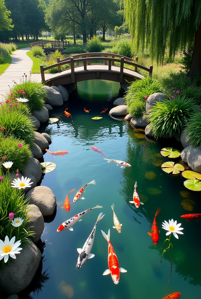 The shore of a clear pond with water lilies, colorful red, blue, and white carp, a small stream flowing into the pond, a small bridge over it, summer sunlight, bright summer flowers, a walkway around the pond, top quality images