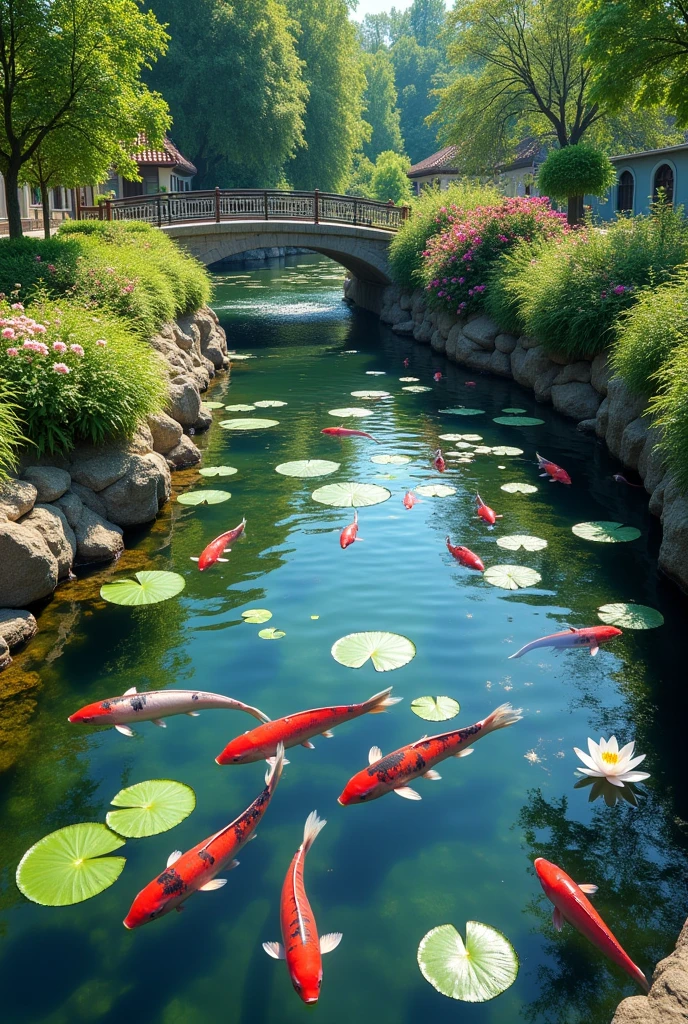 The shore of a clear pond with water lilies, colorful red, blue, and white carp, a small stream flowing into the pond, a small bridge over it, summer sunlight, bright summer flowers, a walkway around the pond, top quality images