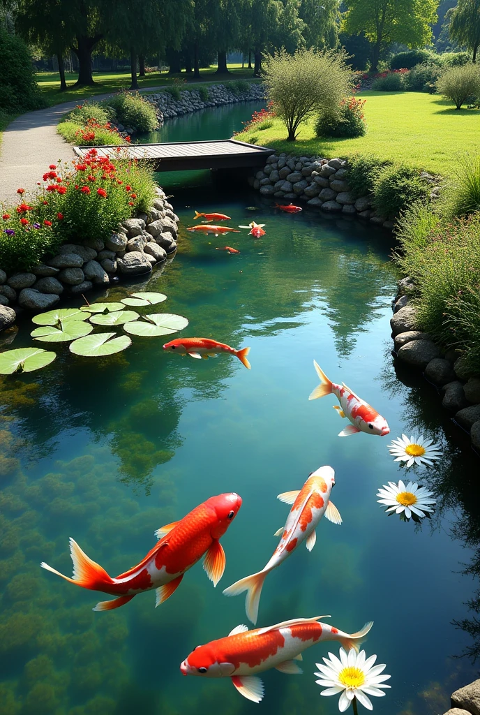 The shore of a clear pond with water lilies, colorful red, blue, and white carp, a small stream flowing into the pond, a small bridge over it, summer sunlight, bright summer flowers, a walkway around the pond, top quality images