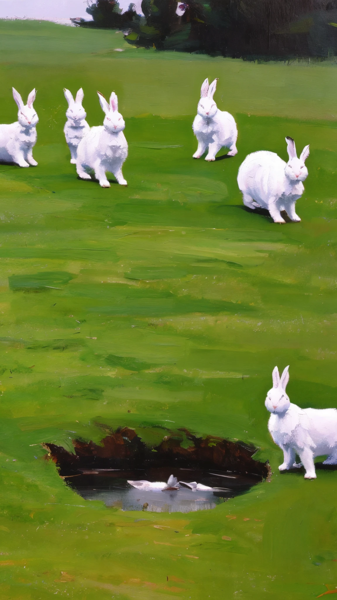 a old style painting of a landscape forest grassfield with a lot of white rabbits, all jumping inside of a earth hole