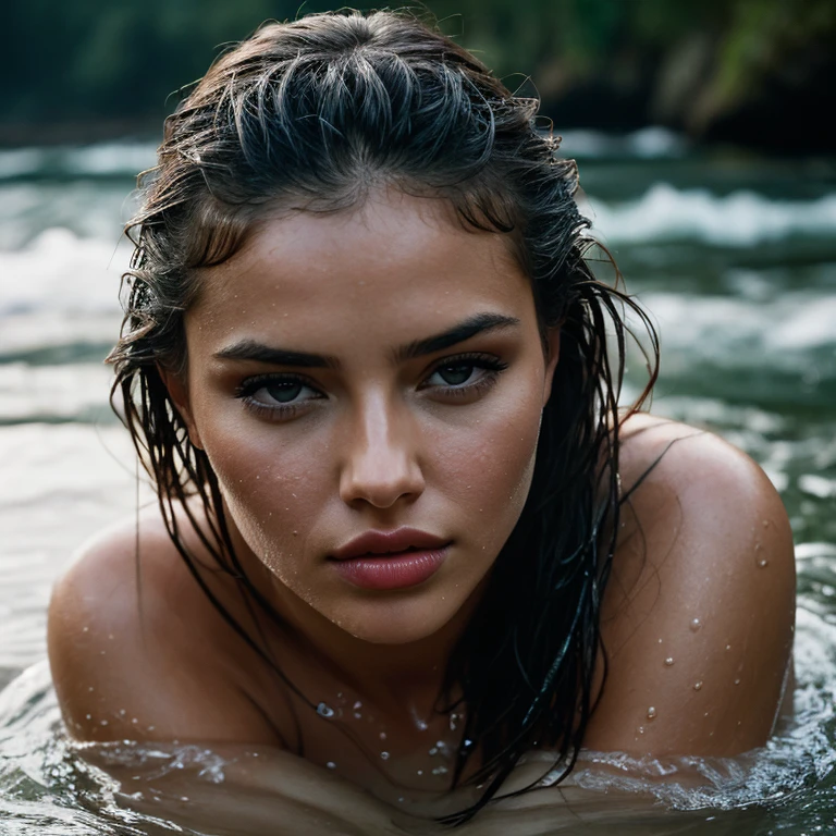 Intense portrait captures the essence of fluidic physical beauty, sexual large natural luscious breasts, Sharp focus on the subject, intriguing woman, (Adriana Lima:0.8), detailed eyes lips face hair, wet skin,cinematic lighting, river,nude masterpiece,Dolby Vision,shot on canon eos r1