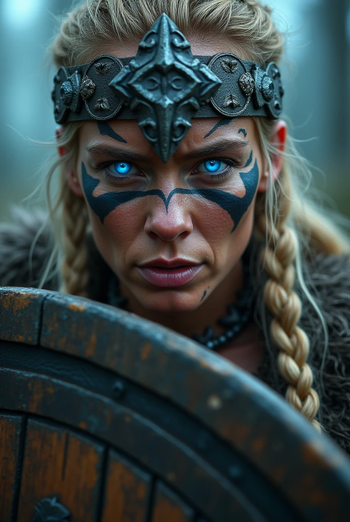 Close up face beautiful viking woman, wooden shield in hand , strong blue light in the eyes, medium eagle crown , viking face paintings, Angry, bone necklace around the neck, battle armor, focused, braids in hair, blonde, 40 years old