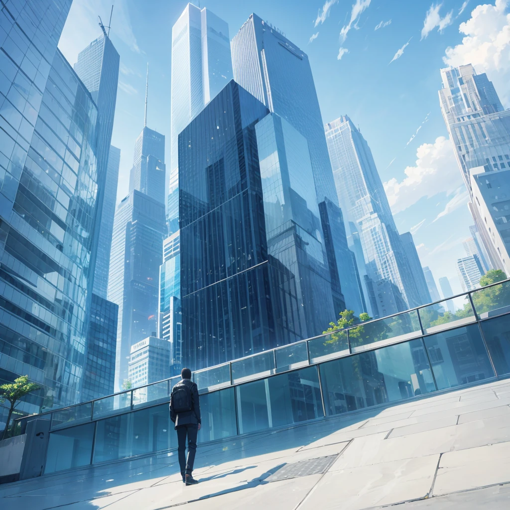 landscape, no human, looking down glass walled skyscrapers, bluesky, sunshine, morning