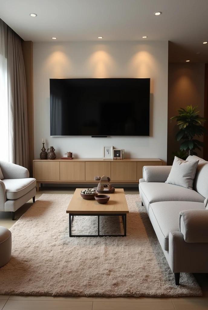 I imagine the living room whit a large gray sofa, a small one rigth next to it, also a beige carpet in the center of the room whit a coffe table on top, a televisión on the wall and bellow a small piece of furniture to put things like photos or decorations.