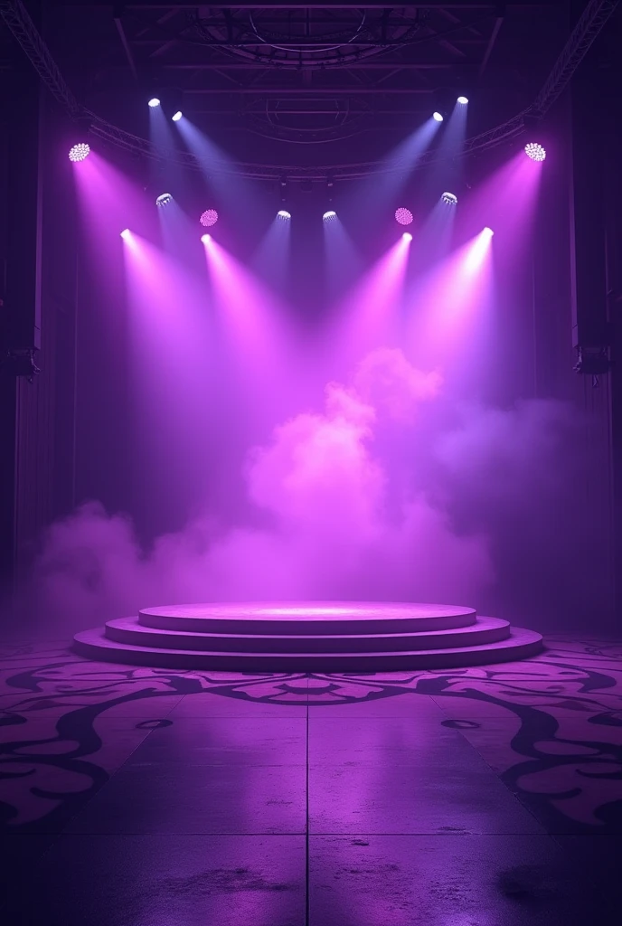 Empty music stage with purple lights and purple light trails on it