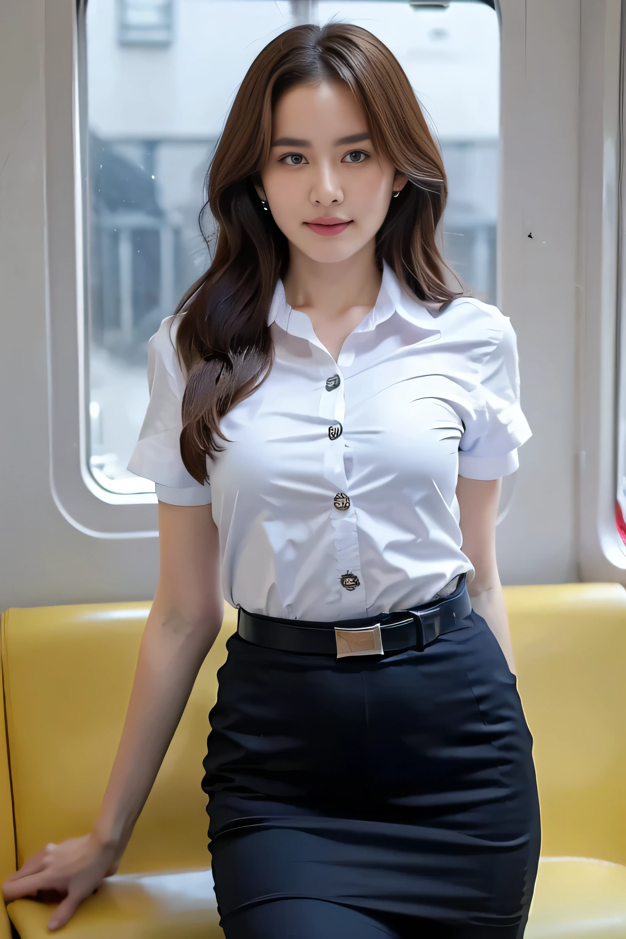 Close up,1 girl{{A beautiful woman wearing a white short-sleeved shirt and a short black pencil skirt}} , Standing in a sexy pose, on a train,( the background is a train window with yellow seats).