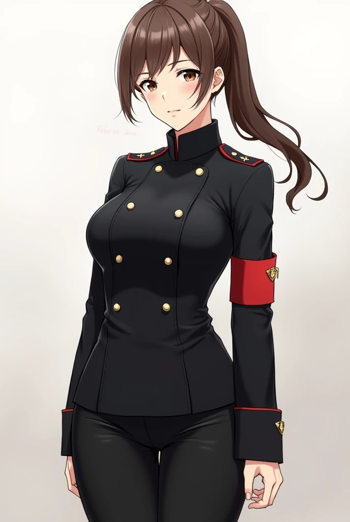White anime girl in a black military overcoat with a red line on each arm , black pants, with brown hair in a ponytail. Face forwards with Midsize boobs