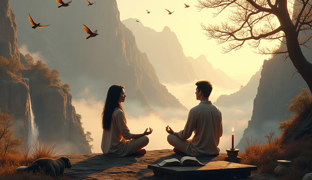 generate 2 people meditating on an ancient mountain next to a table with books and an old candle with a dog and in front there is a waterfall and brown birds flying with dry trees on one side and mature trees on the other with the strong and beautiful sun