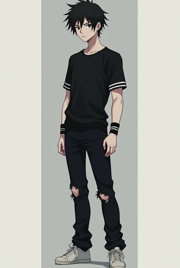 An anime with black hair and a serious face, a black shirt with black stripes on the wrists, pants torn on one side and torn on the other with white stripes and white tennis shoes with pale white skin, male